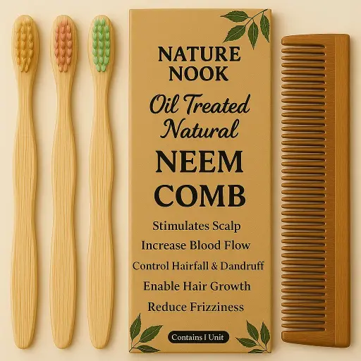 (Dual tooth kacchi Neem comb+trio bamboo tuthbrush pack 